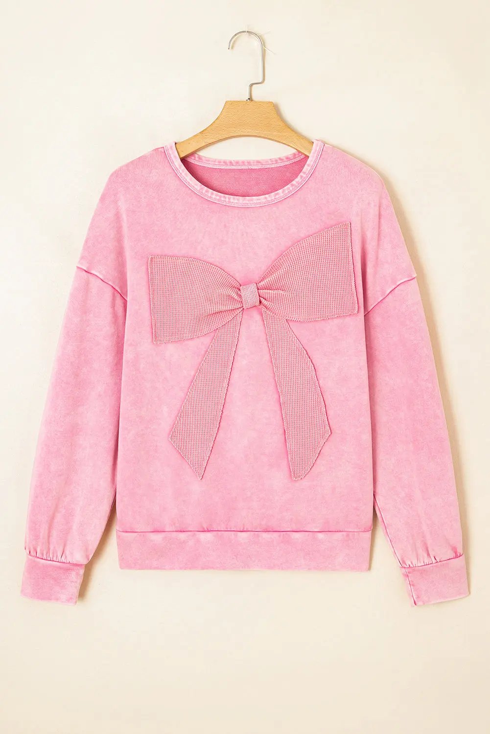Premium Bright Pink Mineral Wash Big Bow Patchwork Pullover Sweatshirt Dear-Lover Dropshipping